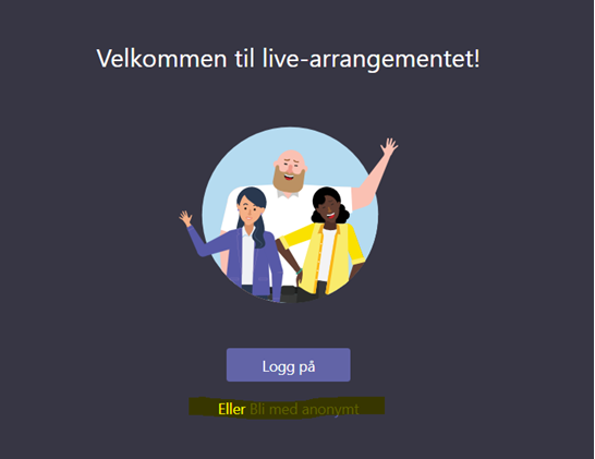 Skjermbildet som ønsker velkommen til Live-arrangement