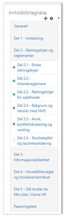 Skjermbilde av innholdsfortegnelse med emner og underkategorier med grønt merke  på de som er fullført